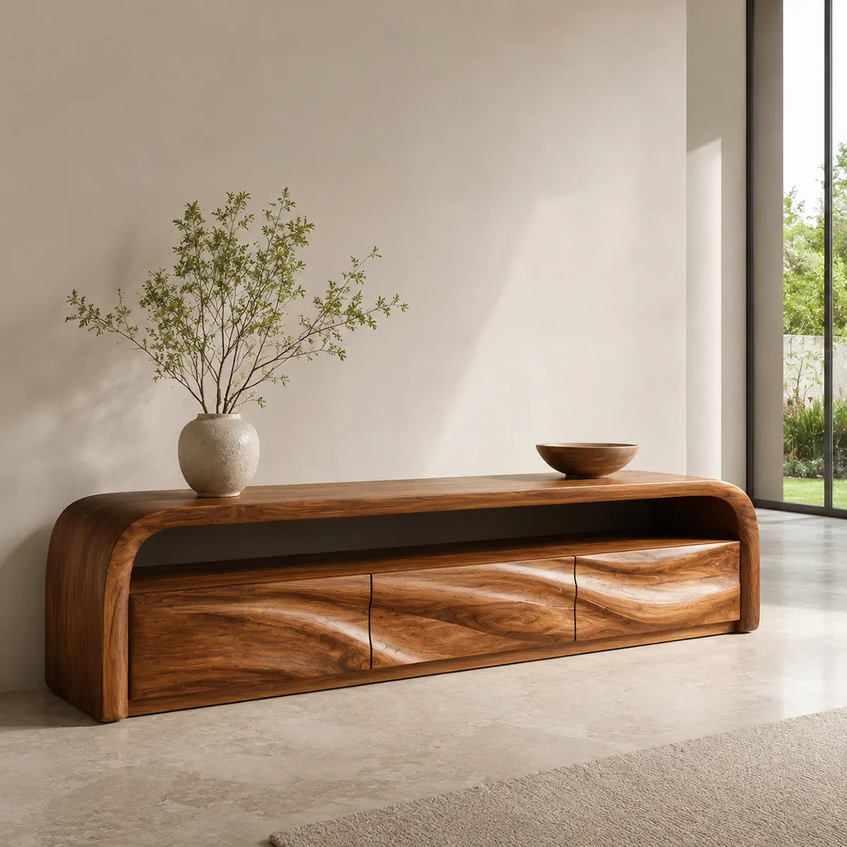Modern Organic TV Stand with Sculpted Cabinets | Open Media Console TT006-8LGO4IB