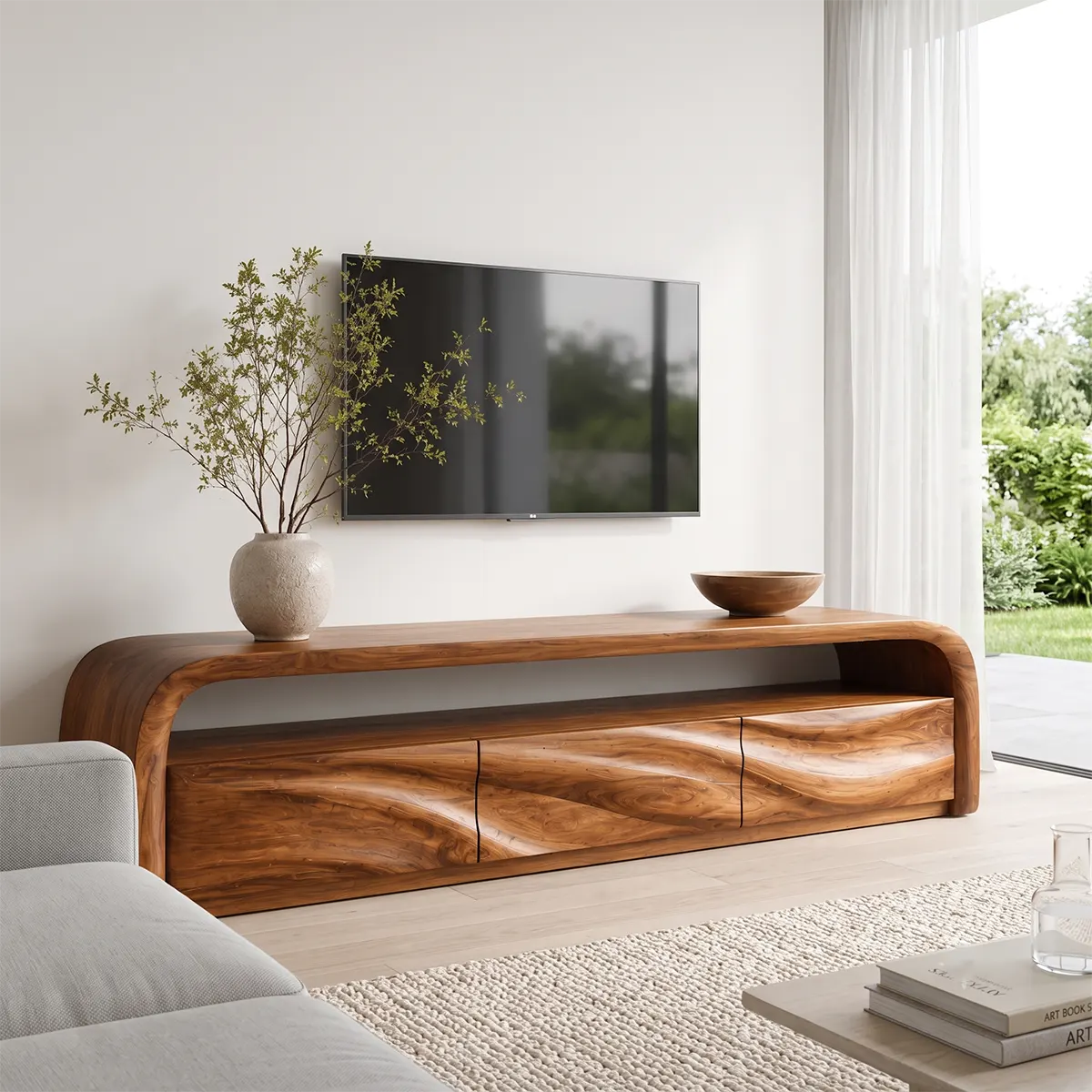 Modern Organic TV Stand with Sculpted Cabinets | Open Media Console TT006-8LGO4IB