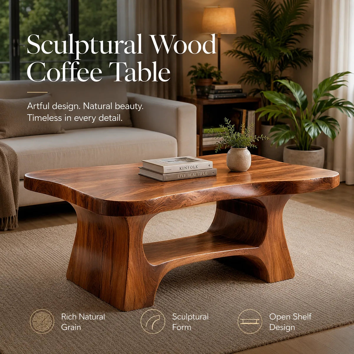 Solid Wood Coffee Table with Open Shelf | Modern Handmade Living Room Furniture TT006-3190