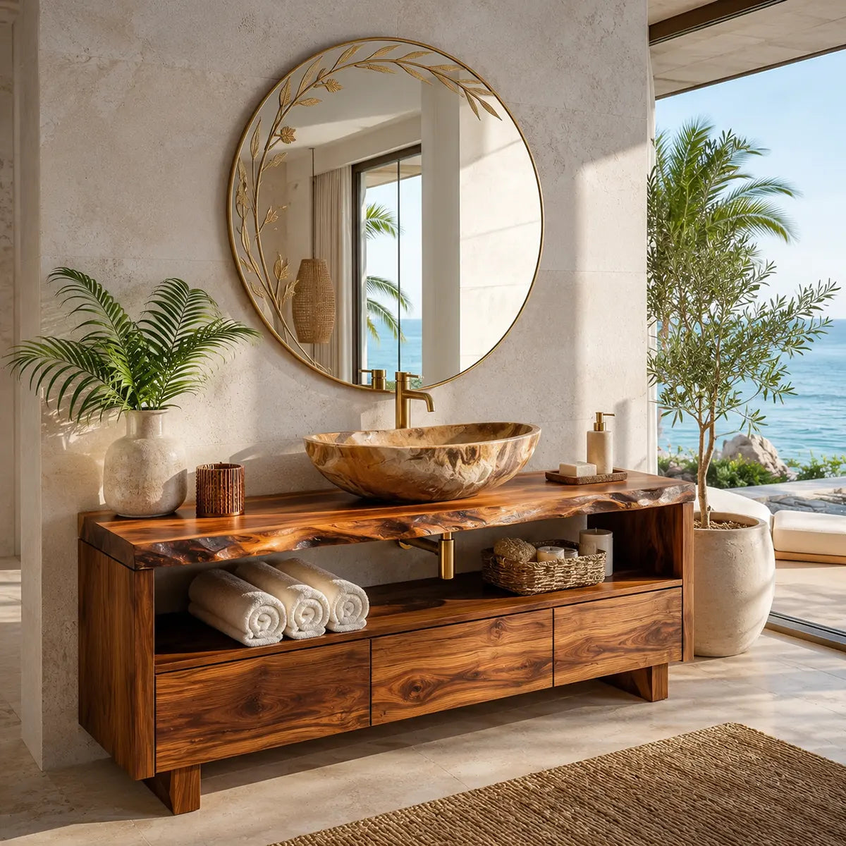 Freestanding Solid Wood Bathroom Vanity | Live Edge Bathroom Vanity with Open Shelf & Three Drawers TT006-7CUG6CN