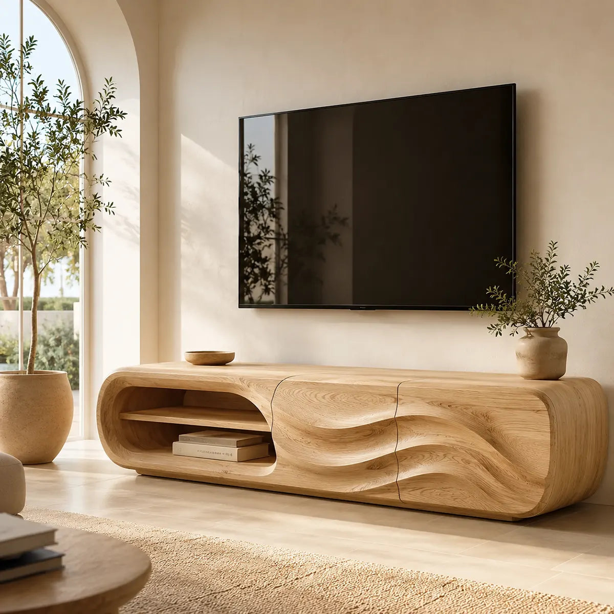 Modern Organic TV Stand with Open Shelving & Dual Sculpted Storage Cabinets TT006-6RWN8II