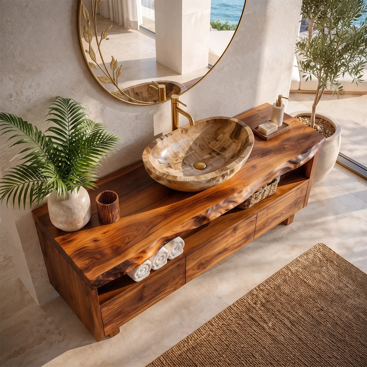 Freestanding Solid Wood Bathroom Vanity | Live Edge Bathroom Vanity with Open Shelf & Three Drawers TT006-7CUG6CN