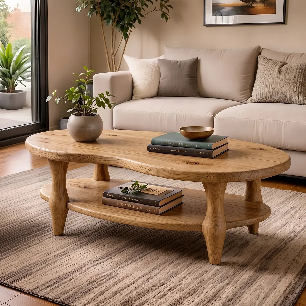 Organic Shape Coffee Table with Storage Shelf | Handcrafted Solid Wood Live Edge Table TT006-1025