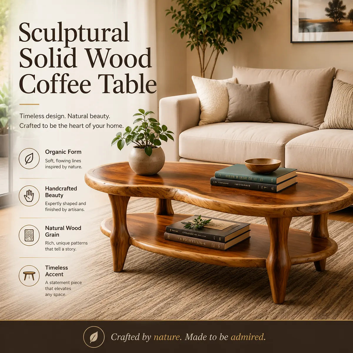 Organic Shape Coffee Table with Storage Shelf | Handcrafted Solid Wood Live Edge Table TT006-1025