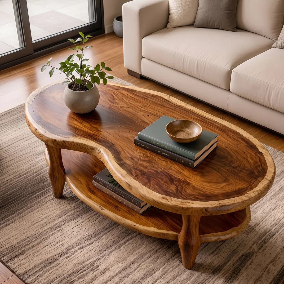 Organic Shape Coffee Table with Storage Shelf | Handcrafted Solid Wood Live Edge Table TT006-1025