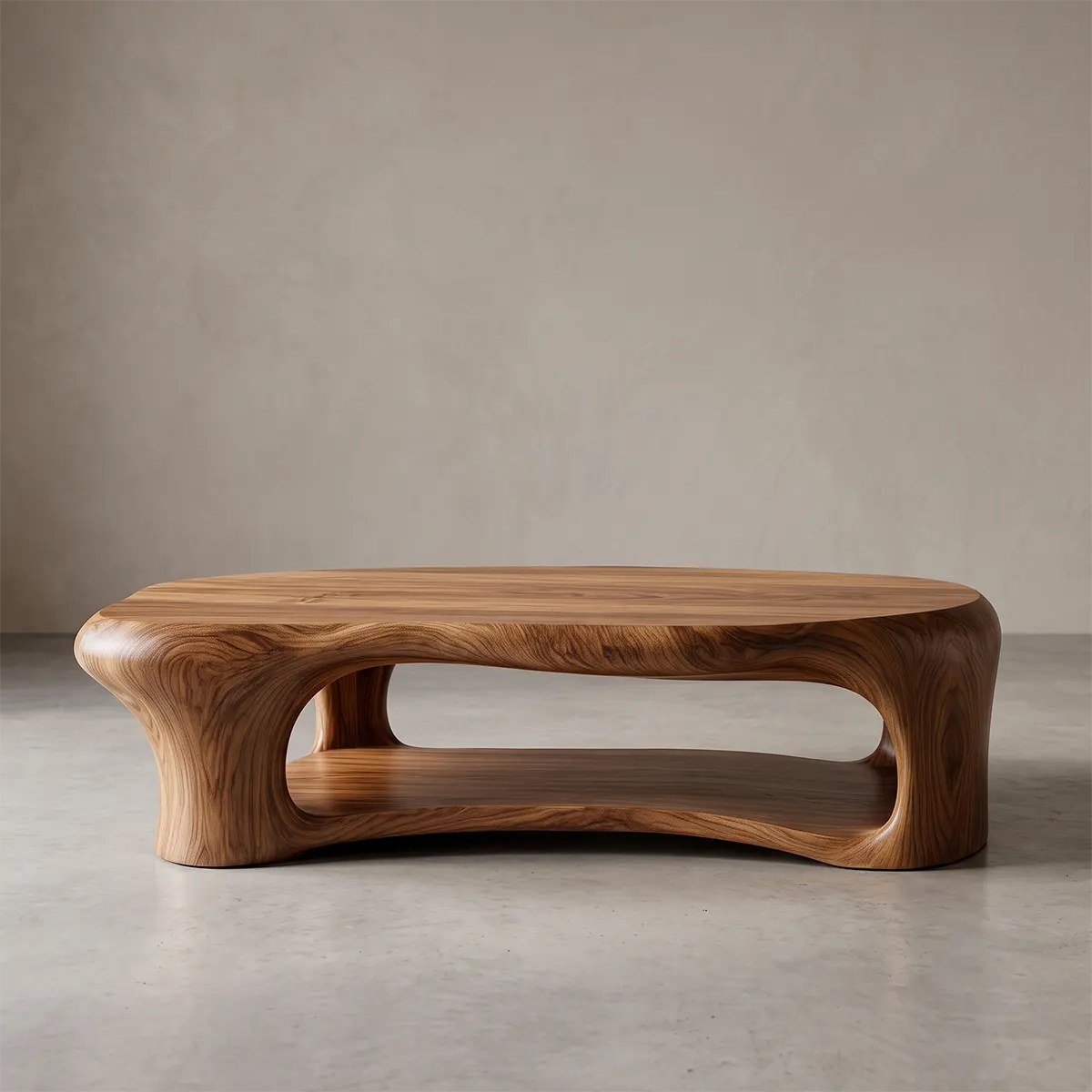 Organic Shape Coffee Table with Storage Shelf | Sculptural Solid Wood Living Room Table TT006-3938