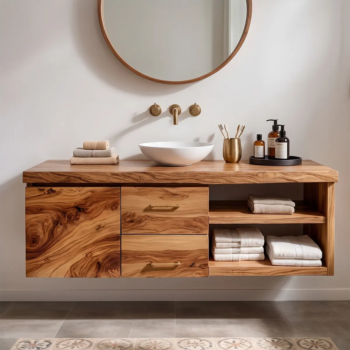 Floating Solid Wood Bathroom Vanity | Live Edge Wood Vanity with Soft-Close Drawers & Open Shelves TT006-1WVD8ID