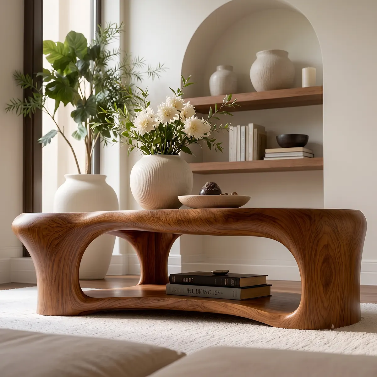 Organic Shape Coffee Table with Storage Shelf | Sculptural Solid Wood Living Room Table TT006-3938
