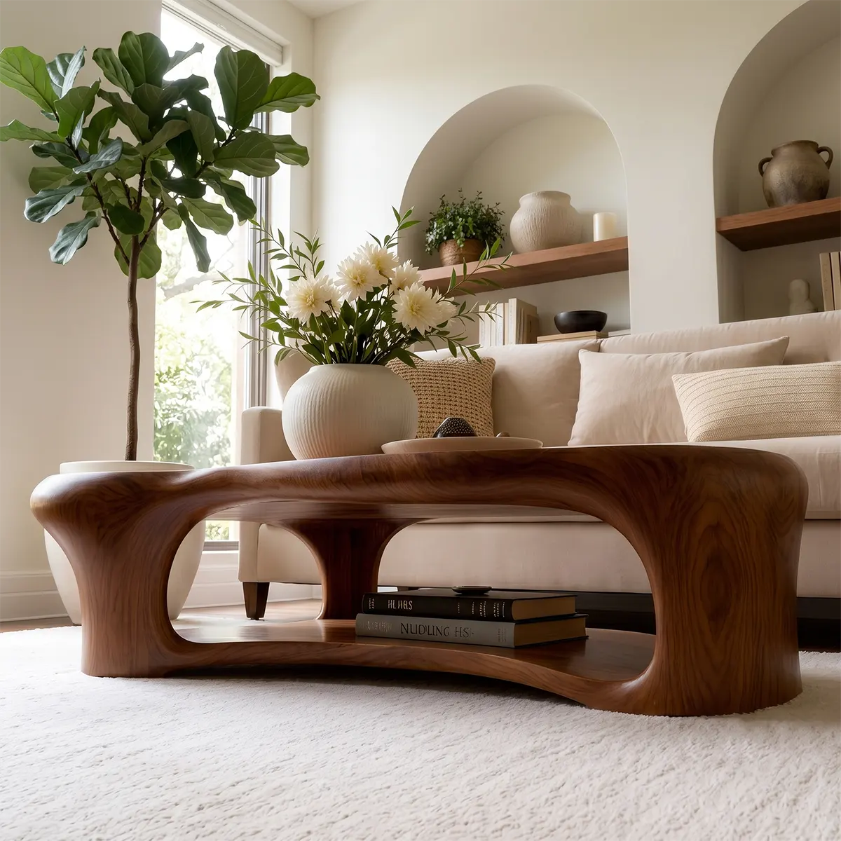 Organic Shape Coffee Table with Storage Shelf | Sculptural Solid Wood Living Room Table TT006-3938
