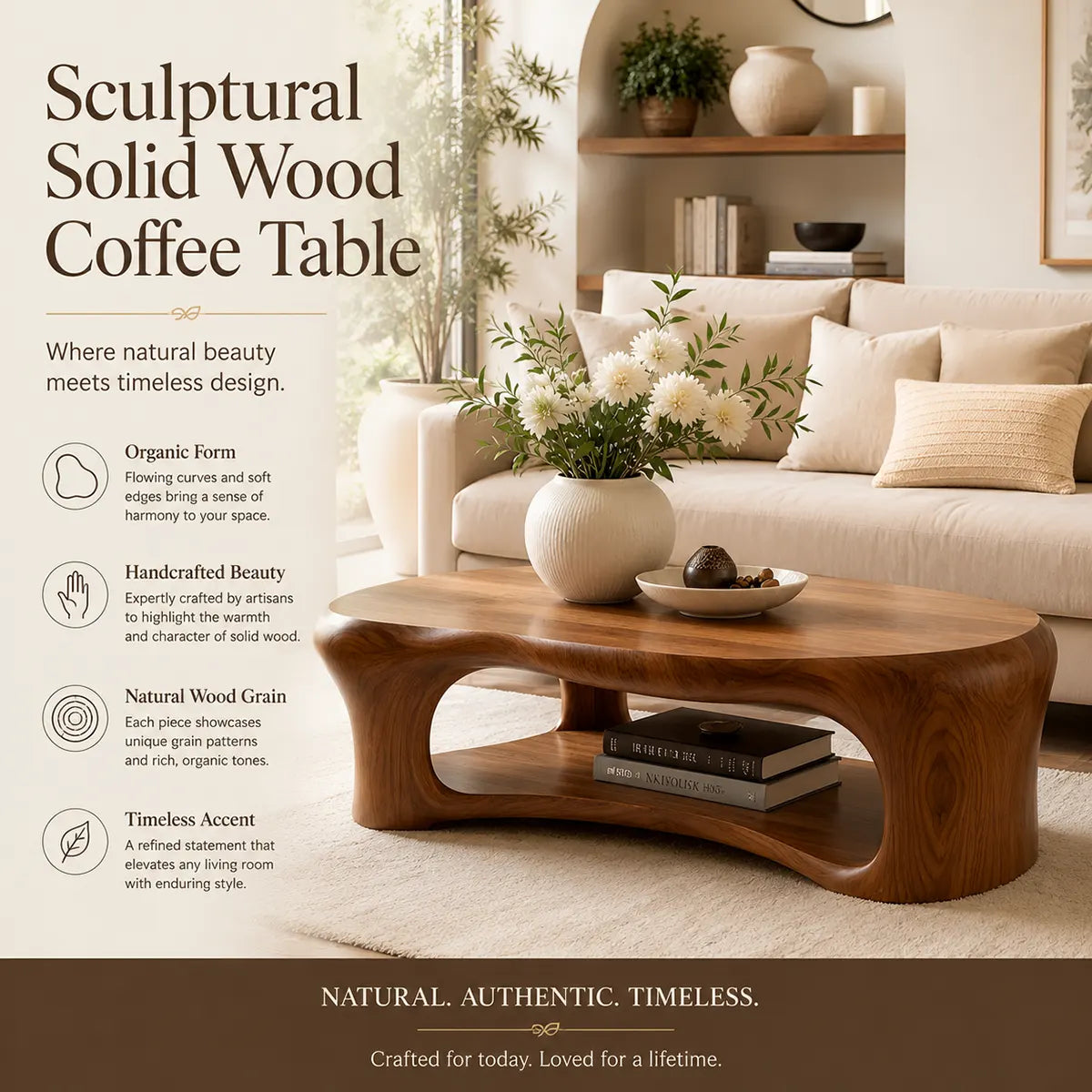 Organic Shape Coffee Table with Storage Shelf | Sculptural Solid Wood Living Room Table TT006-3938