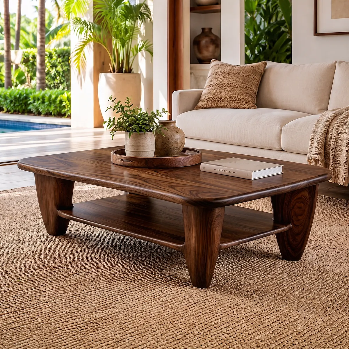 Rounded Rectangle Solid Wood Coffee Table with Storage Shelf | Modern Living Room Center Table TT006-3905