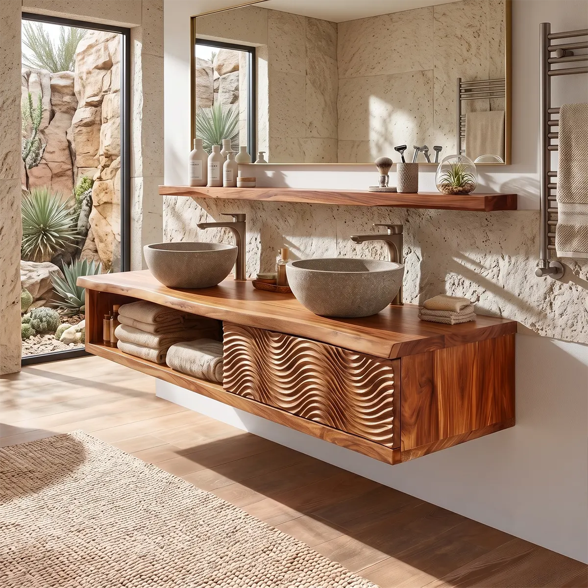 Floating Double Sink Solid Wood Bathroom Vanity | Live Edge Wood Vanity with Open Shelf & Carved Hinged Cabinet TT006-9PJD5EI