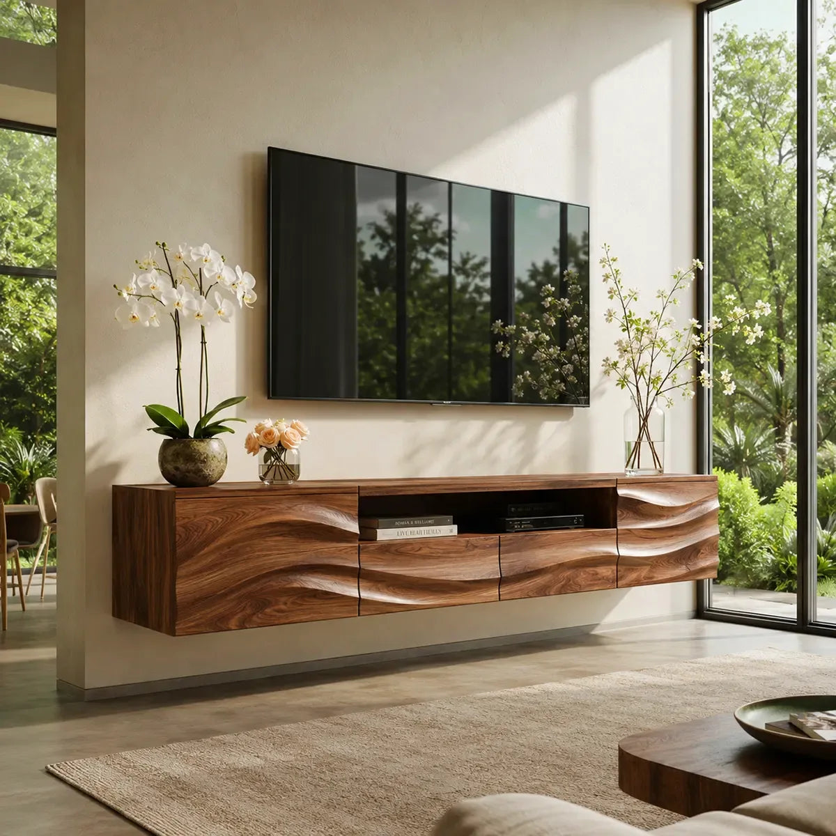 Organic Modern Floating TV Stand with Dual Cabinets, Open Shelf & Double Drawers TT006-5QDJ5ZW