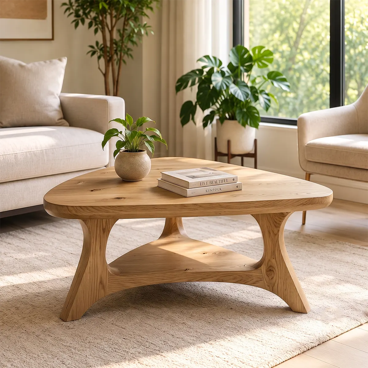 Organic Triangle Solid Wood Coffee Table with Open Shelf | Mid-Century Modern Living Room Table TT006-4619
