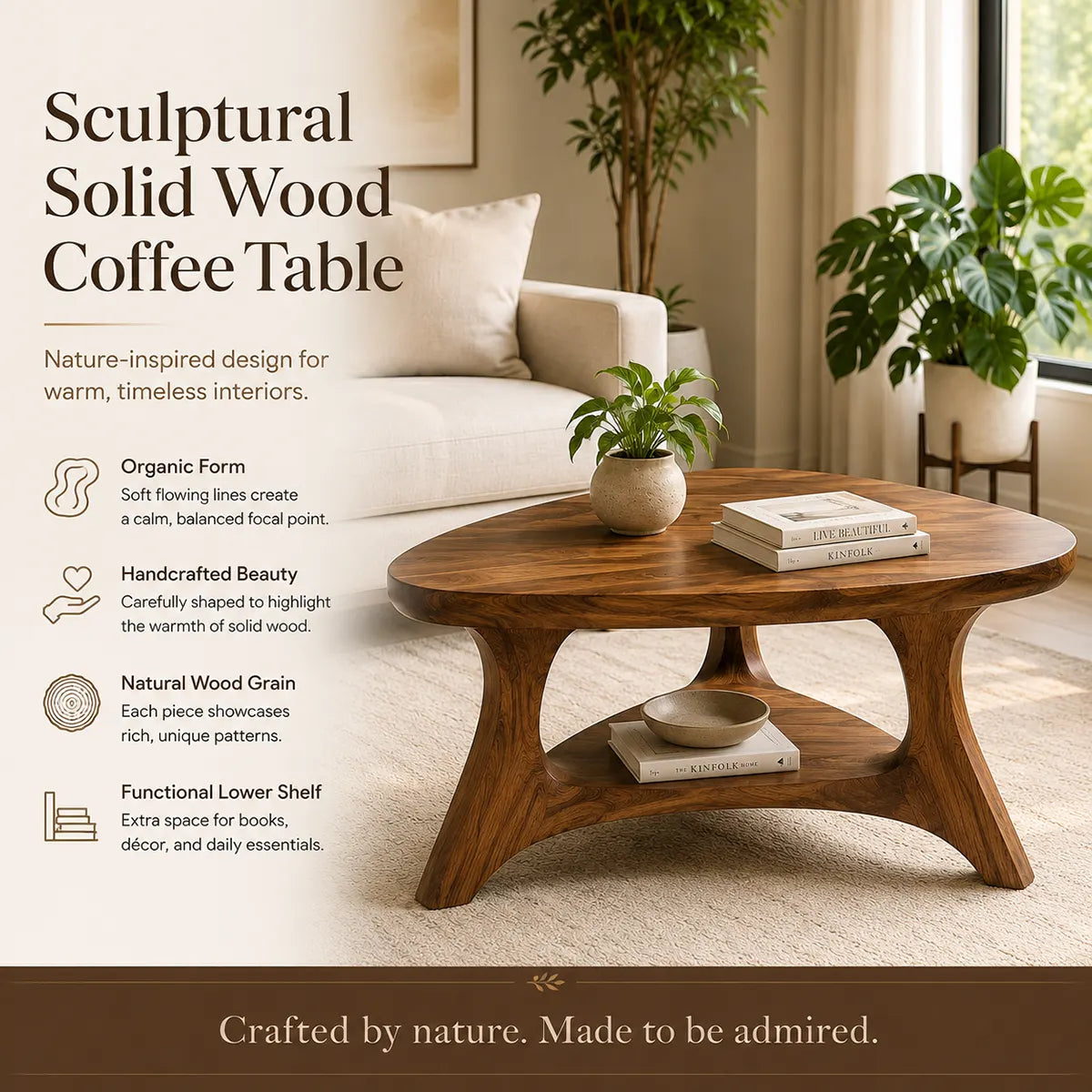 Organic Triangle Solid Wood Coffee Table with Open Shelf | Mid-Century Modern Living Room Table TT006-4619
