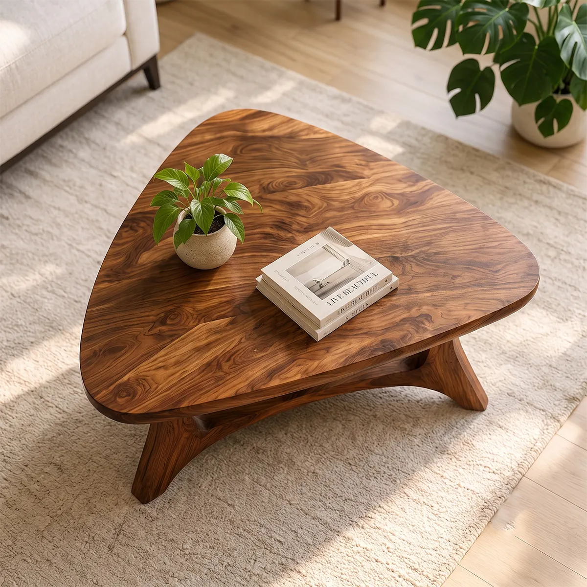 Organic Triangle Solid Wood Coffee Table with Open Shelf | Mid-Century Modern Living Room Table TT006-4619