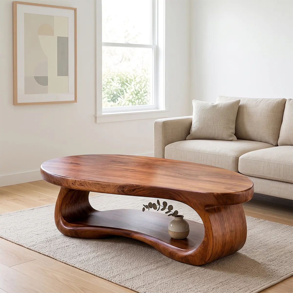 Oval Solid Wood Coffee Table with Open Storage Shelf | Organic Modern Living Room Table TT006-3067
