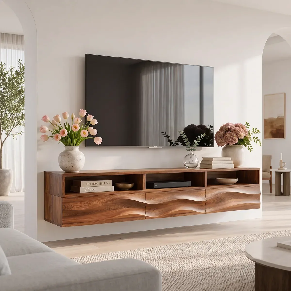 Floating TV Stand with Open Shelving & Three Drawers | Organic Modern Media Console TT006-5IOW6DK
