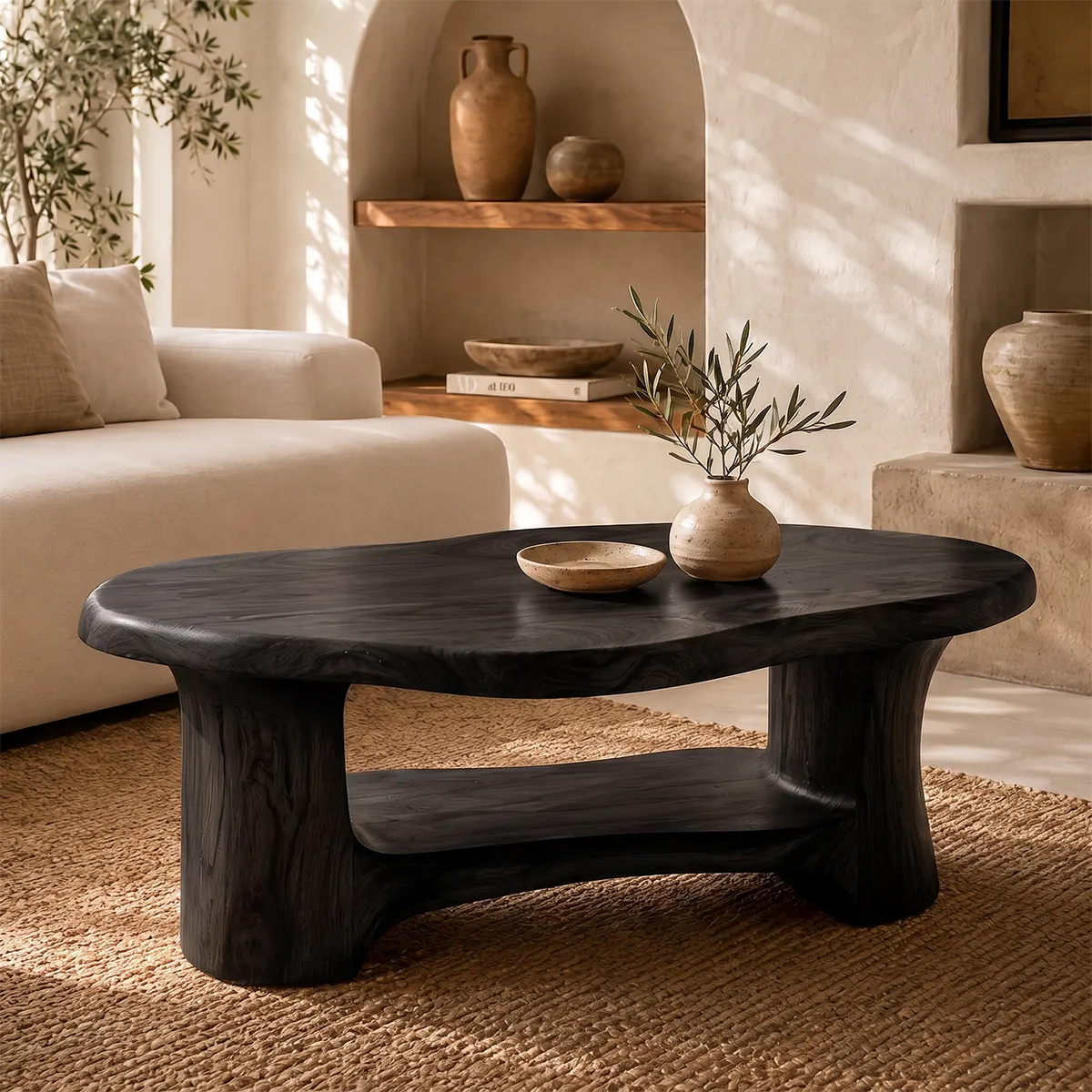 Organic Freeform Solid Wood Coffee Table with Open Shelf | Sculptural Living Room Table TT006-5759