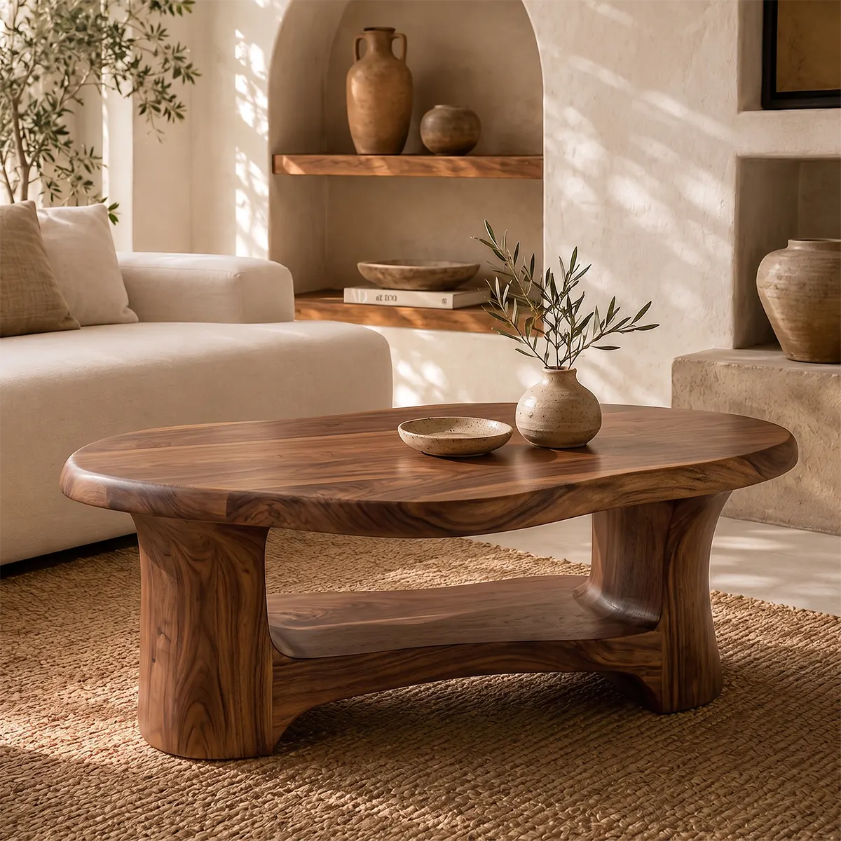Organic Freeform Solid Wood Coffee Table with Open Shelf | Sculptural Living Room Table TT006-5759