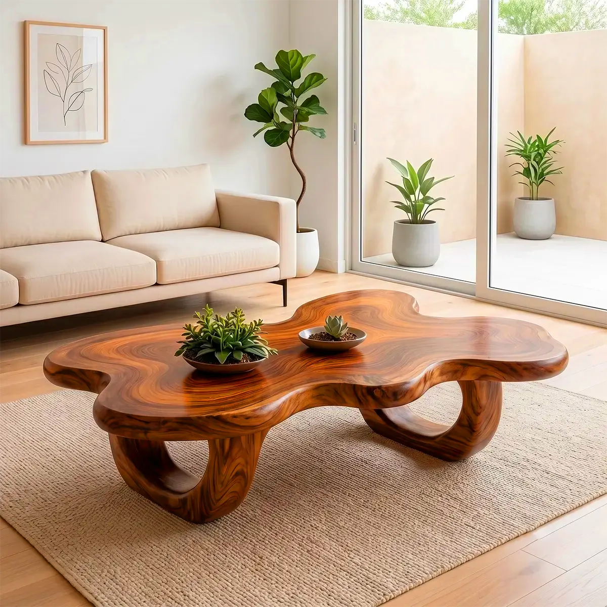 Modern Organic Wood Coffee Table with Freeform Top & Sculptural Base TT006-8349