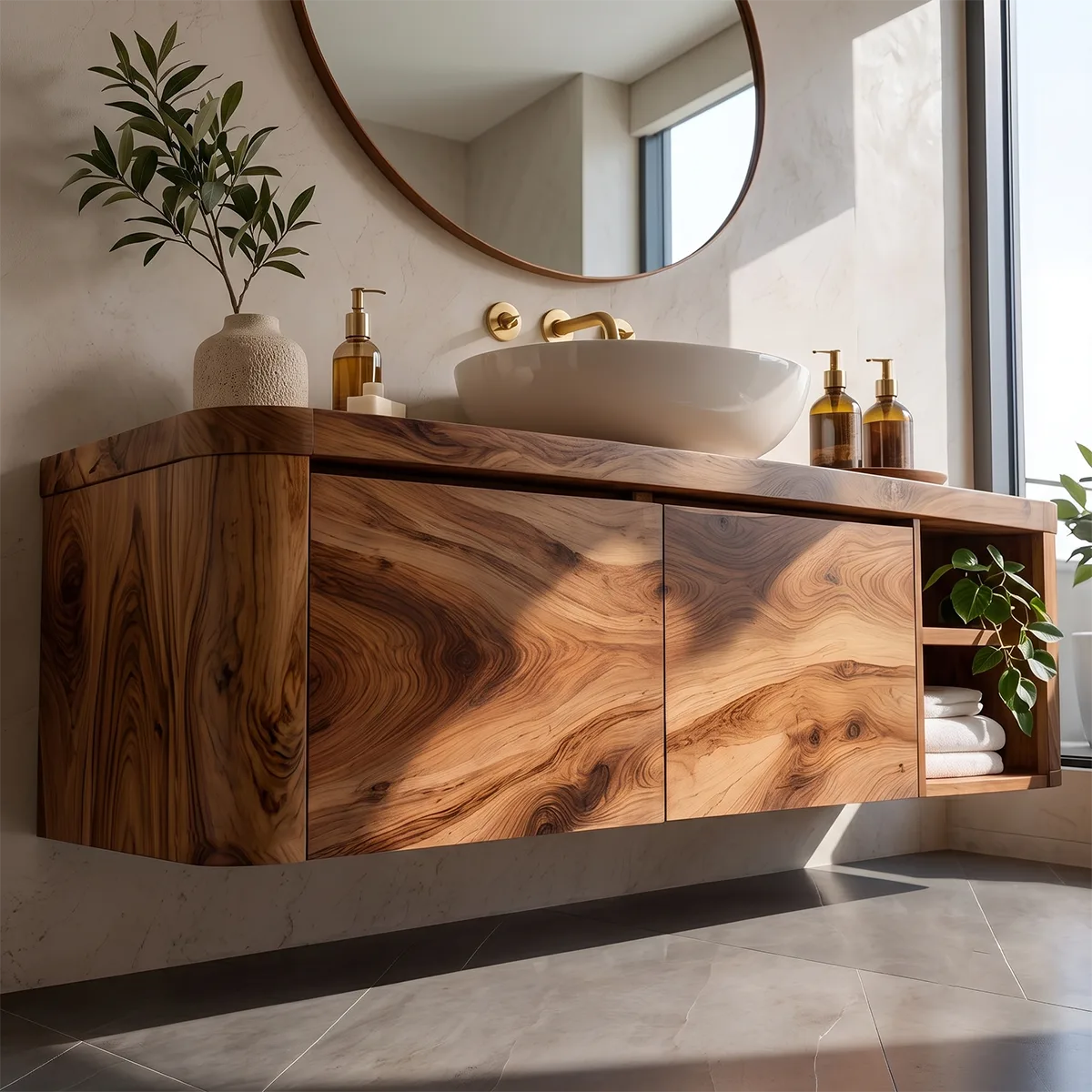 Floating Solid Wood Bathroom Vanity | Wall Mounted Single Sink Vanity with 2 Hinged Cabinets & Open Shelf TT006-6DFI9SI