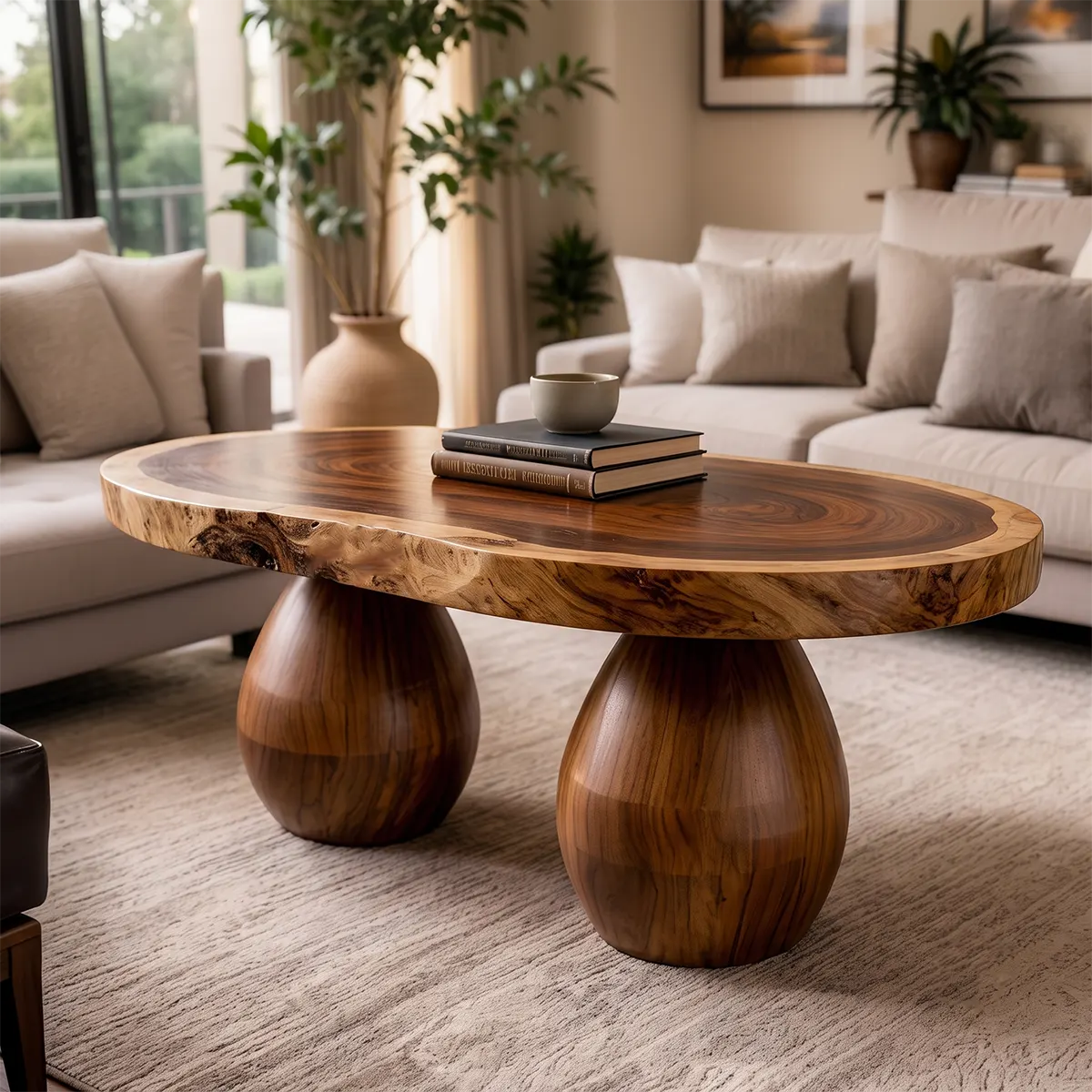 Live Edge Oval Solid Wood Coffee Table with Double Pedestal Base | Handcrafted Statement Table TT006-4285