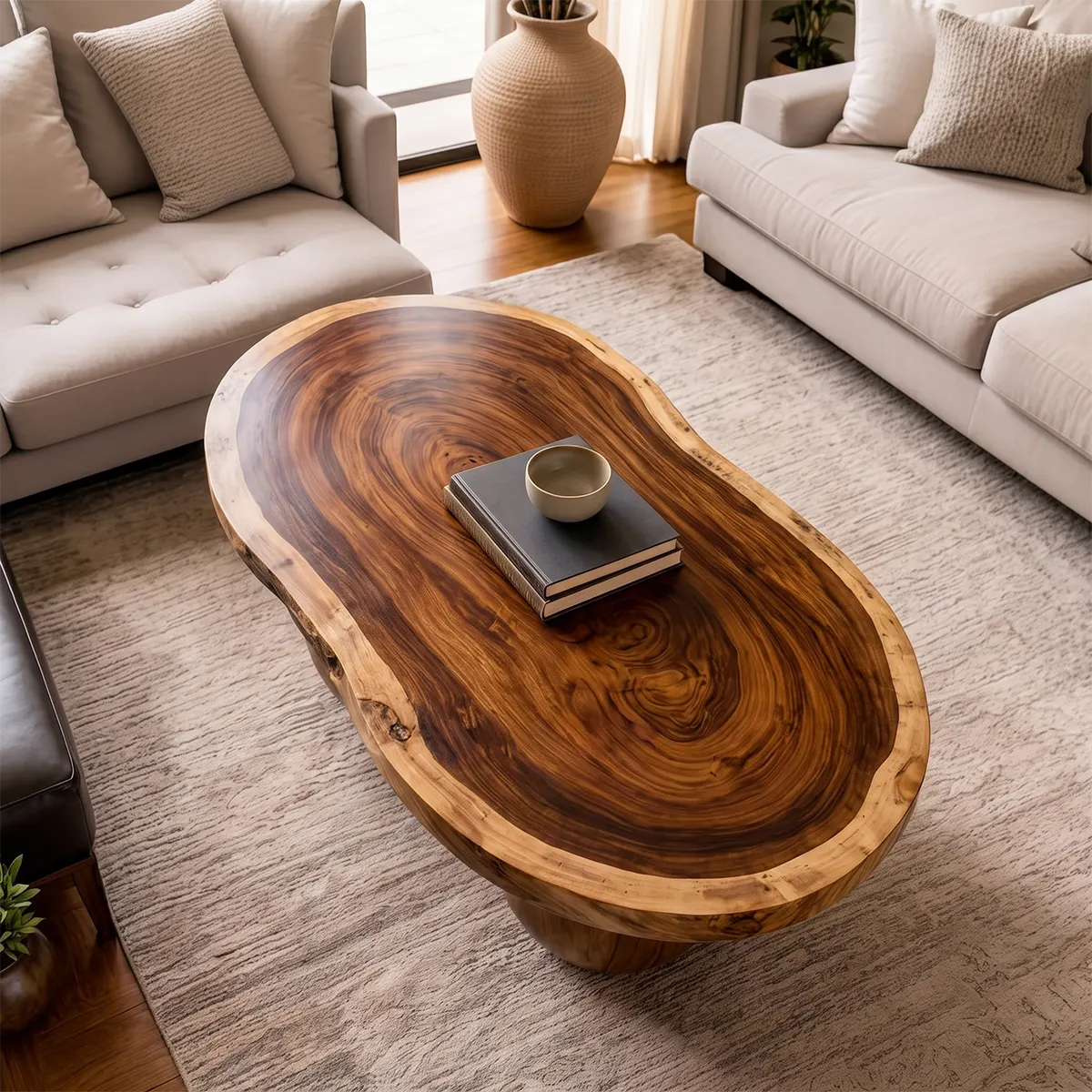 Live Edge Oval Solid Wood Coffee Table with Double Pedestal Base | Handcrafted Statement Table TT006-4285
