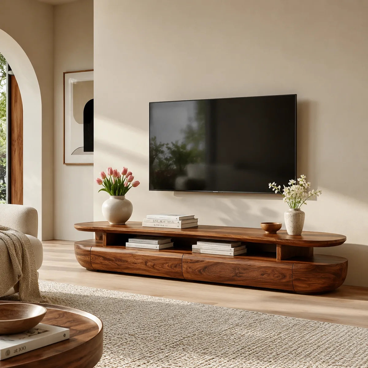 Organic Modern TV Stand with Open Shelf & 2 Drawers | Modern Media Console TT006-1JRE9PZ