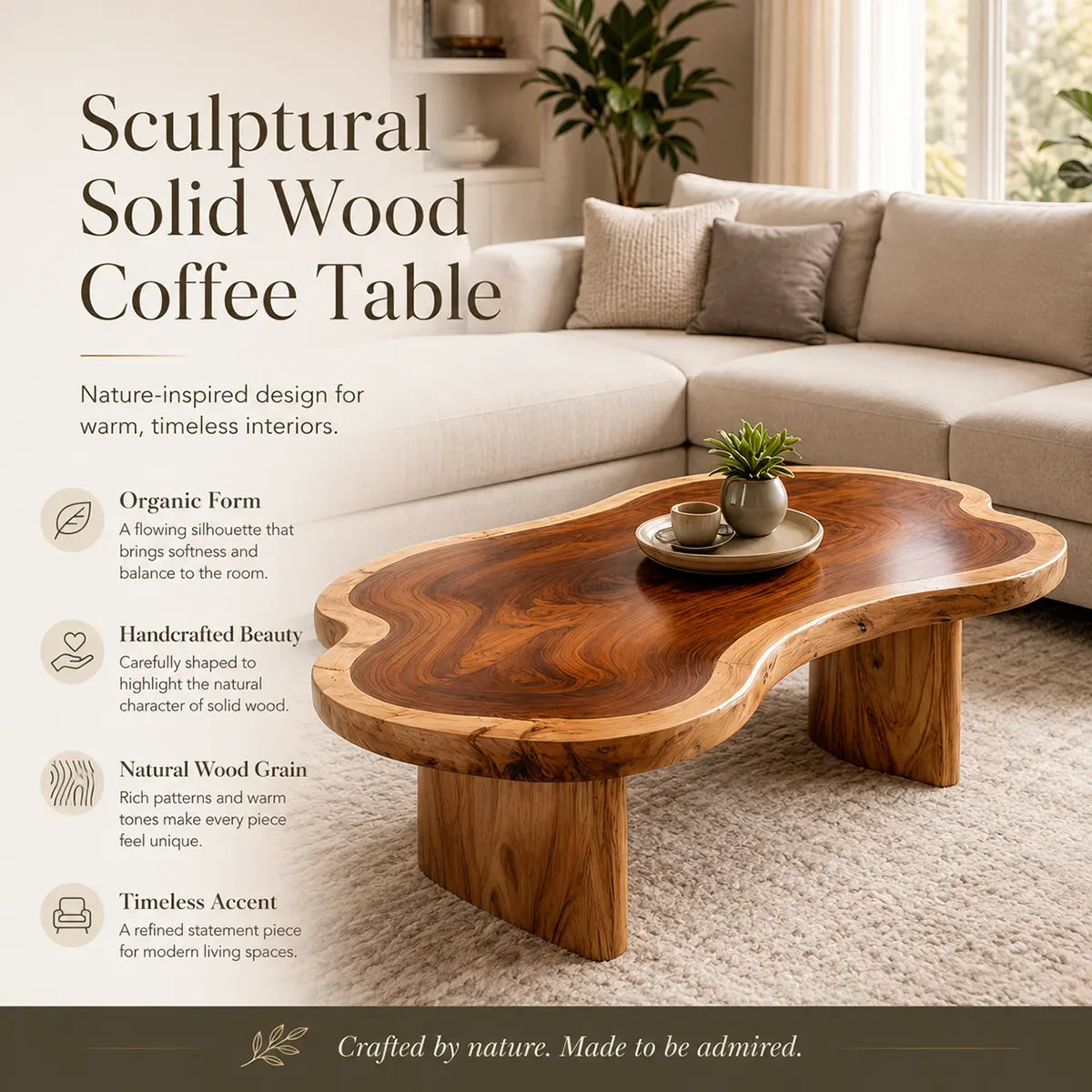 Organic Freeform Live Edge Solid Wood Coffee Table | Handcrafted Natural Slab Center Table TT006-5288