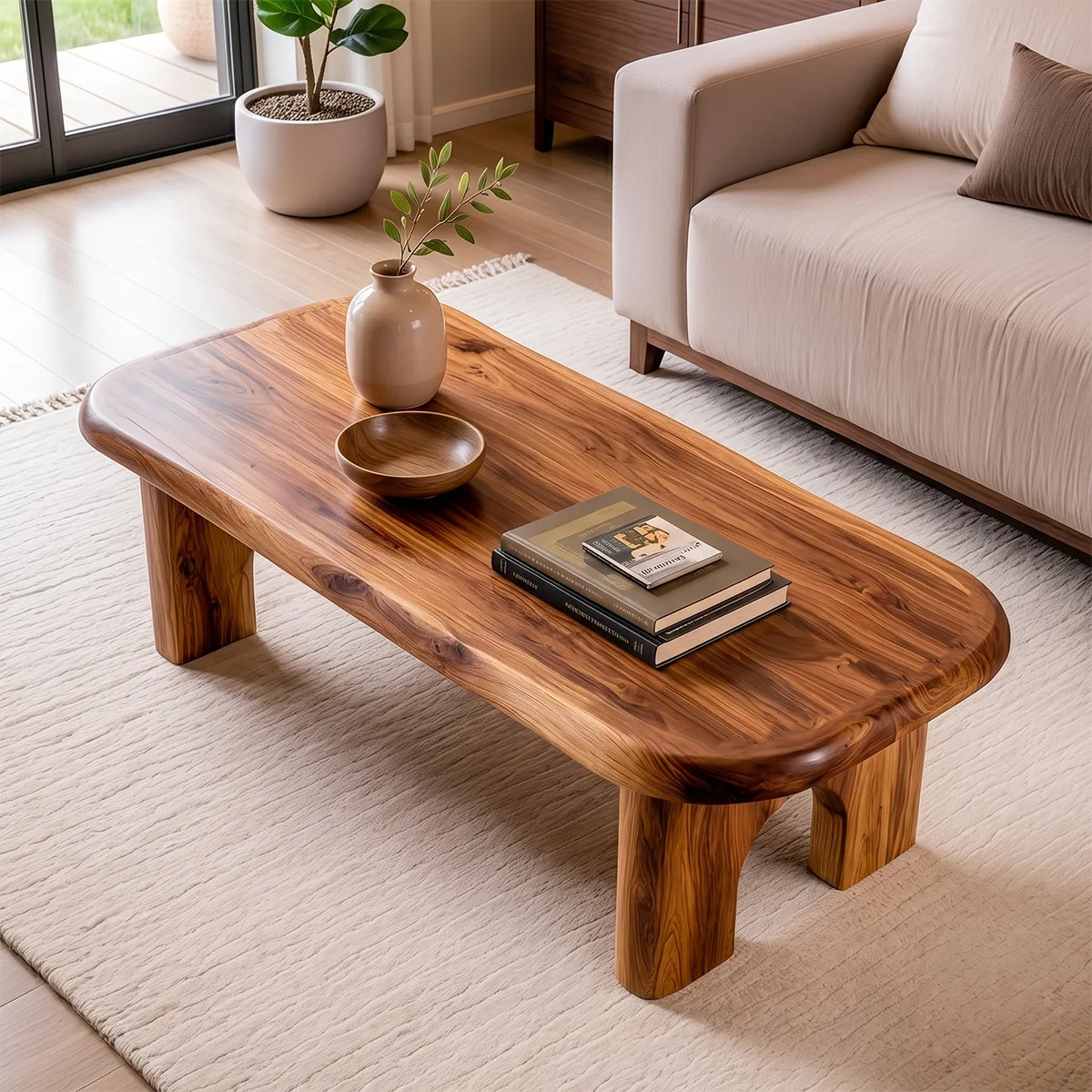 Rounded Rectangle Solid Wood Coffee Table | Modern Minimalist Center Table for Living Room TT006-3891