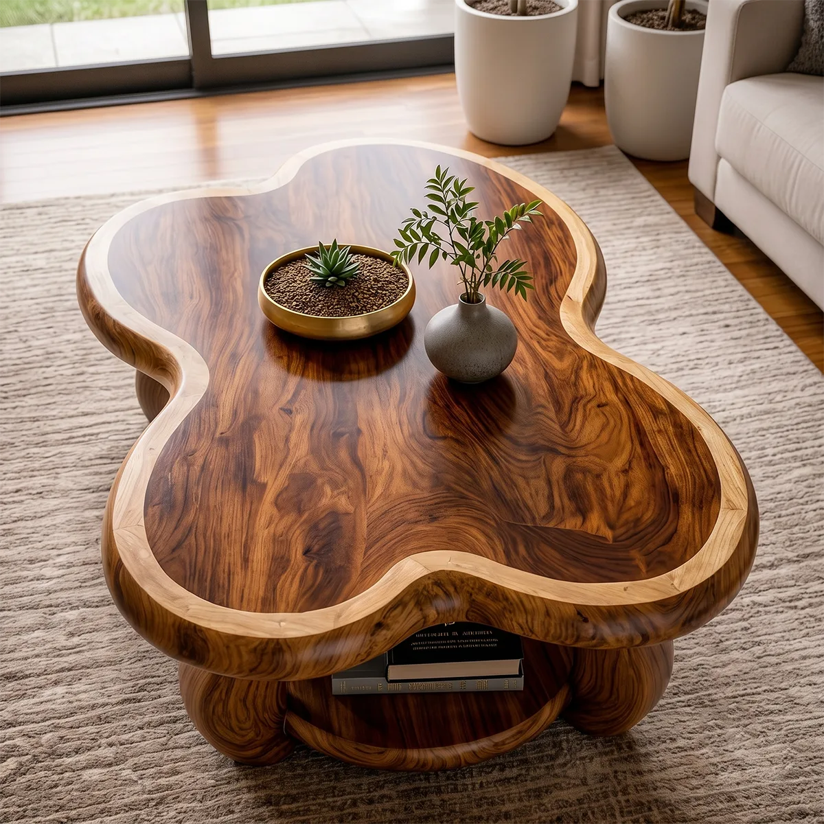 Organic Solid Wood Coffee Table with Storage Shelf | Freeform Modern Center Table TT006-7456