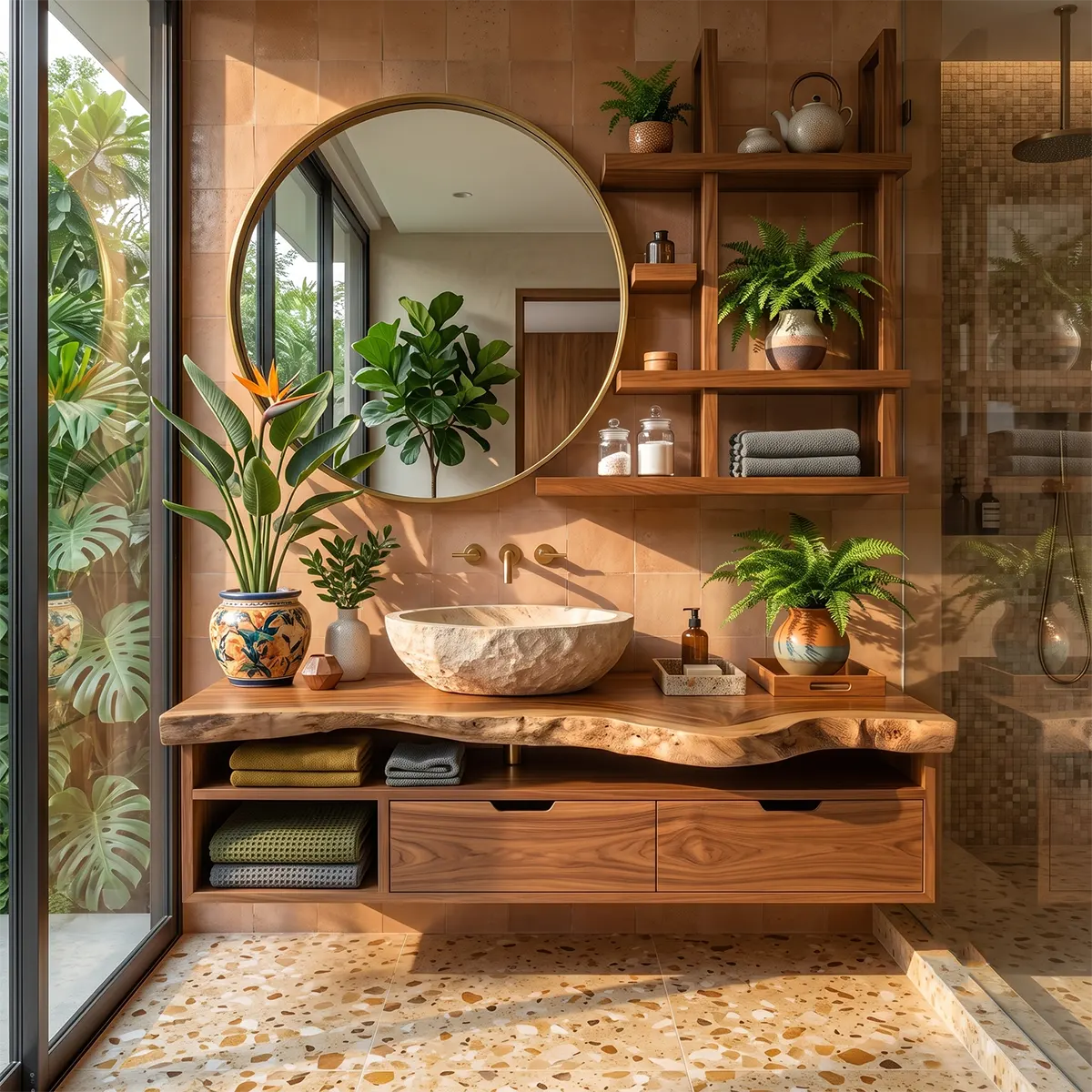 Floating Solid Wood Bathroom Vanity with Drawers & Open Shelves | Wall Mounted Bathroom Vanity with Live Edge Countertop TT006-8CNN1NN