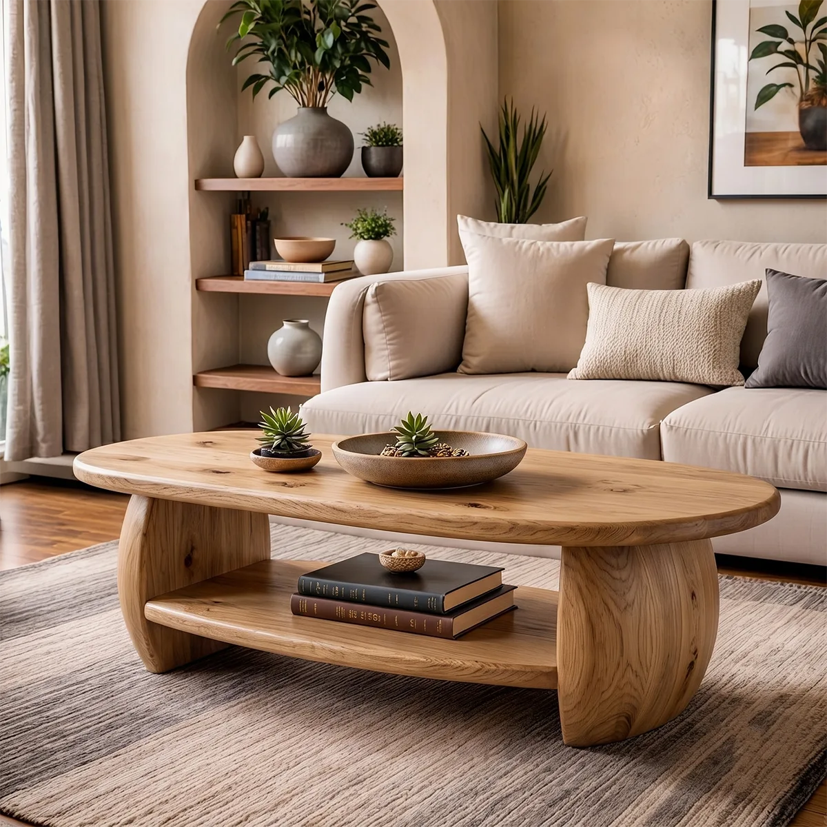 Oval Solid Wood Coffee Table with Storage Shelf | Modern Living Room Center Table TT006-1935