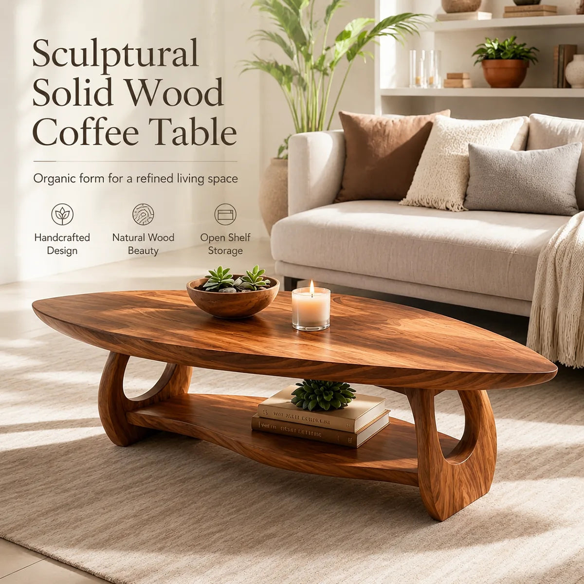 Organic Solid Wood Coffee Table with Storage Shelf | Modern Living Room Center Table TT006-9336