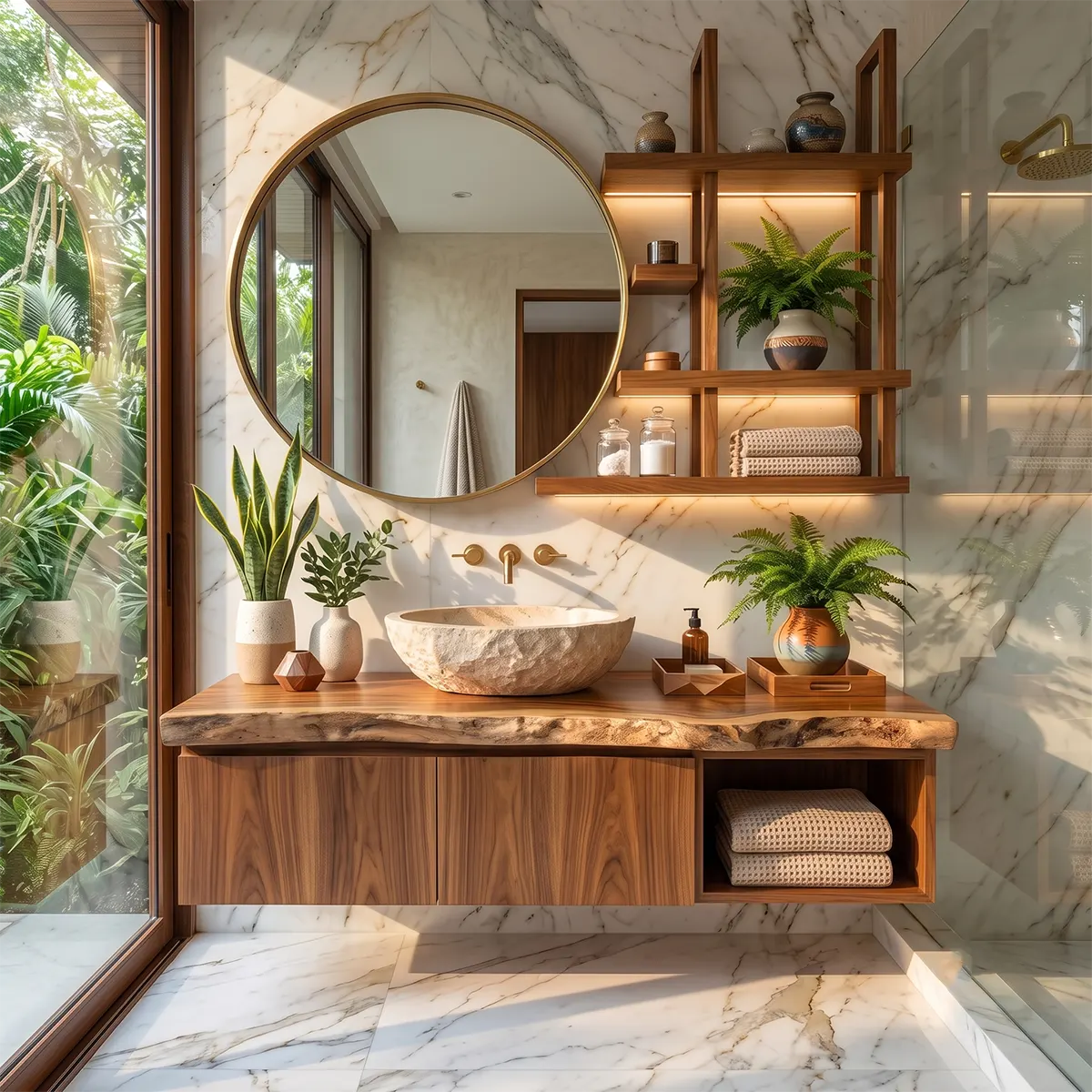 Floating Solid Wood Bathroom Vanity with Double-Door Cabinet & Open Shelf | Wall Mounted Live Edge Bathroom Vanity TT006-4KRU4XR
