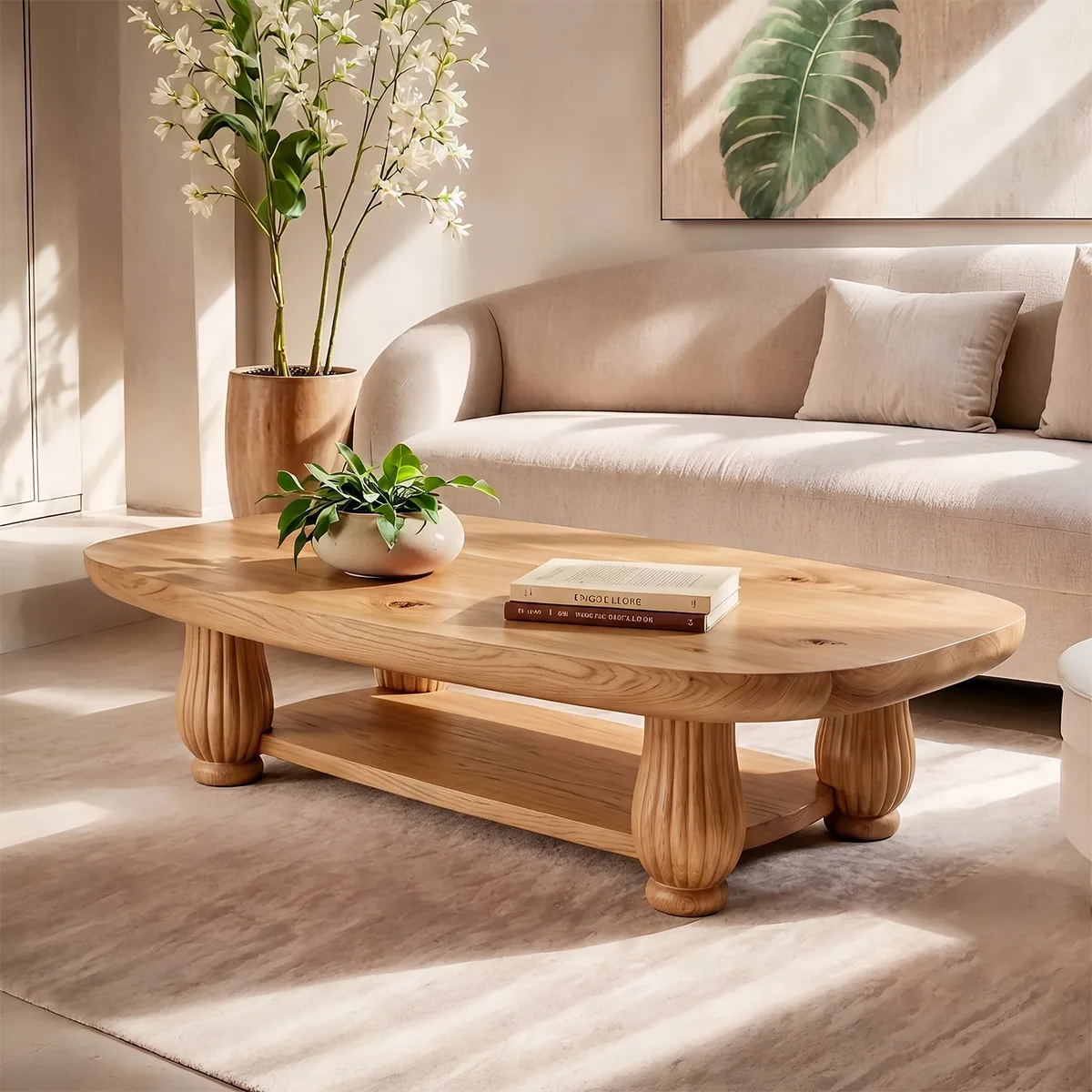 Oval Solid Wood Coffee Table with Storage Shelf | Mid Century Modern Living Room Table TT006-9169