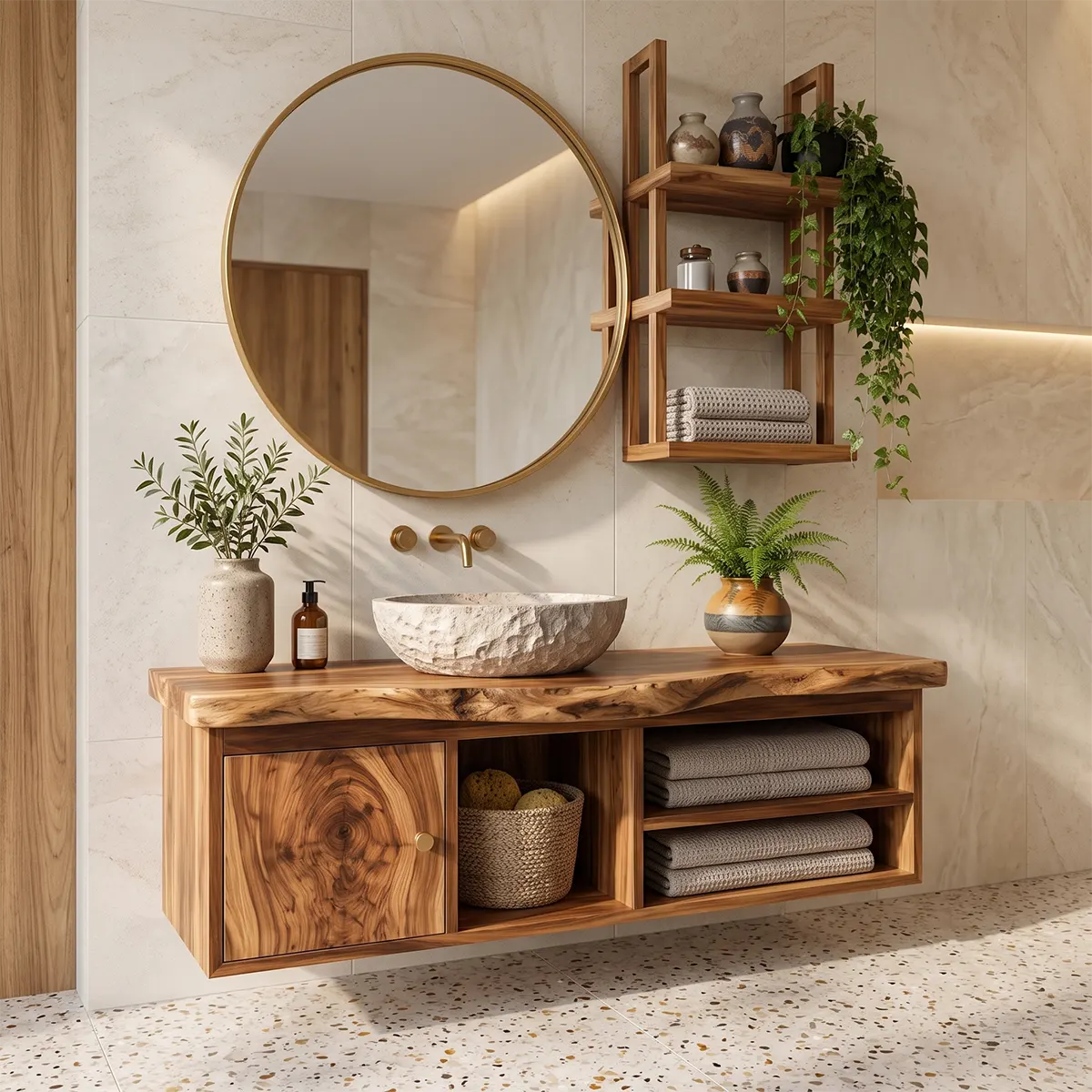 Floating Solid Wood Bathroom Vanity | Modern Bathroom Vanity with Open Storage and Cabinet TT006-3250