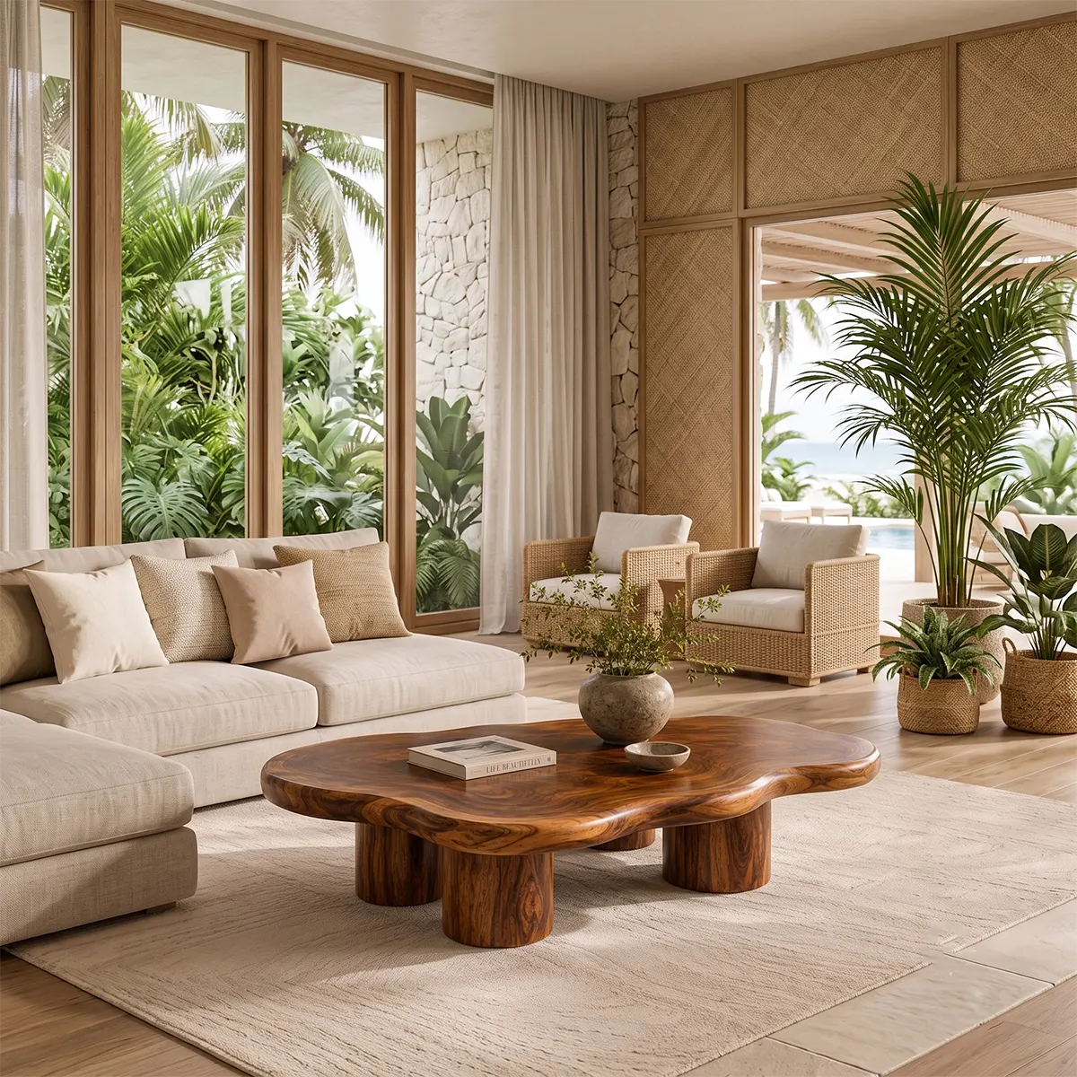 Modern Solid Wood Coffee Table with Organic Freeform Top & Chunky Pedestal Legs TT006-8265