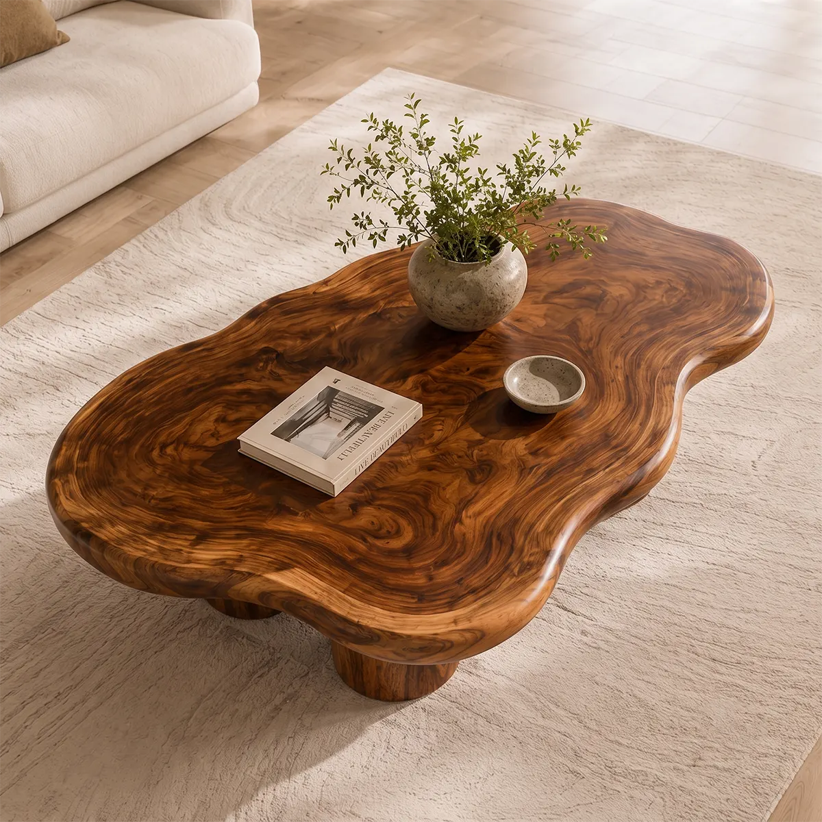 Modern Solid Wood Coffee Table with Organic Freeform Top & Chunky Pedestal Legs TT006-8265