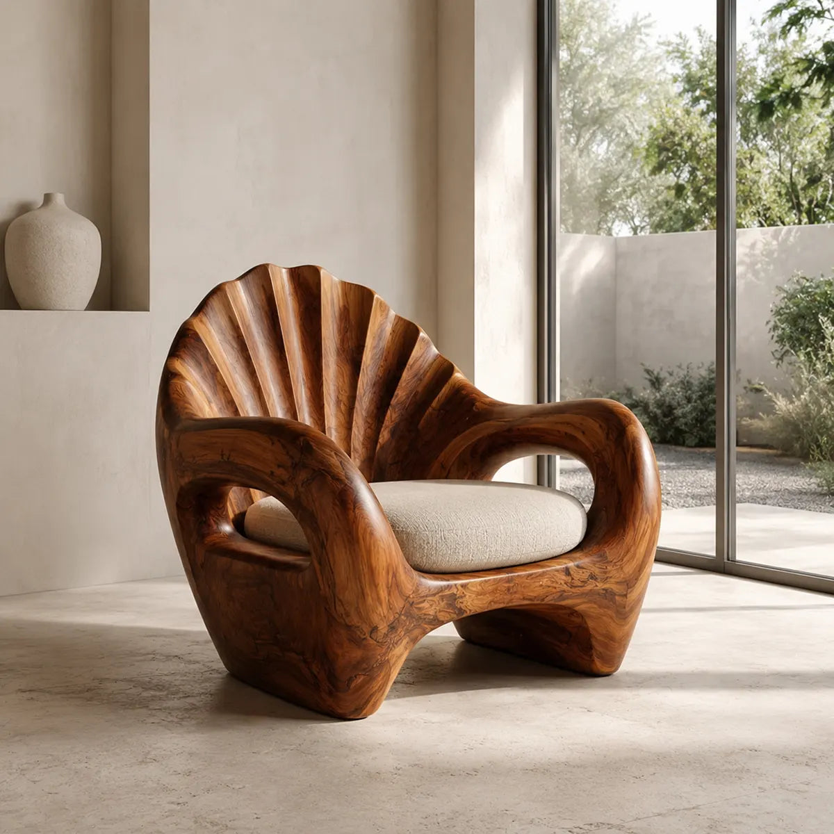 Sculptural Shell Back Armchair with Curved Open Arms | Organic Statement Lounge Chair