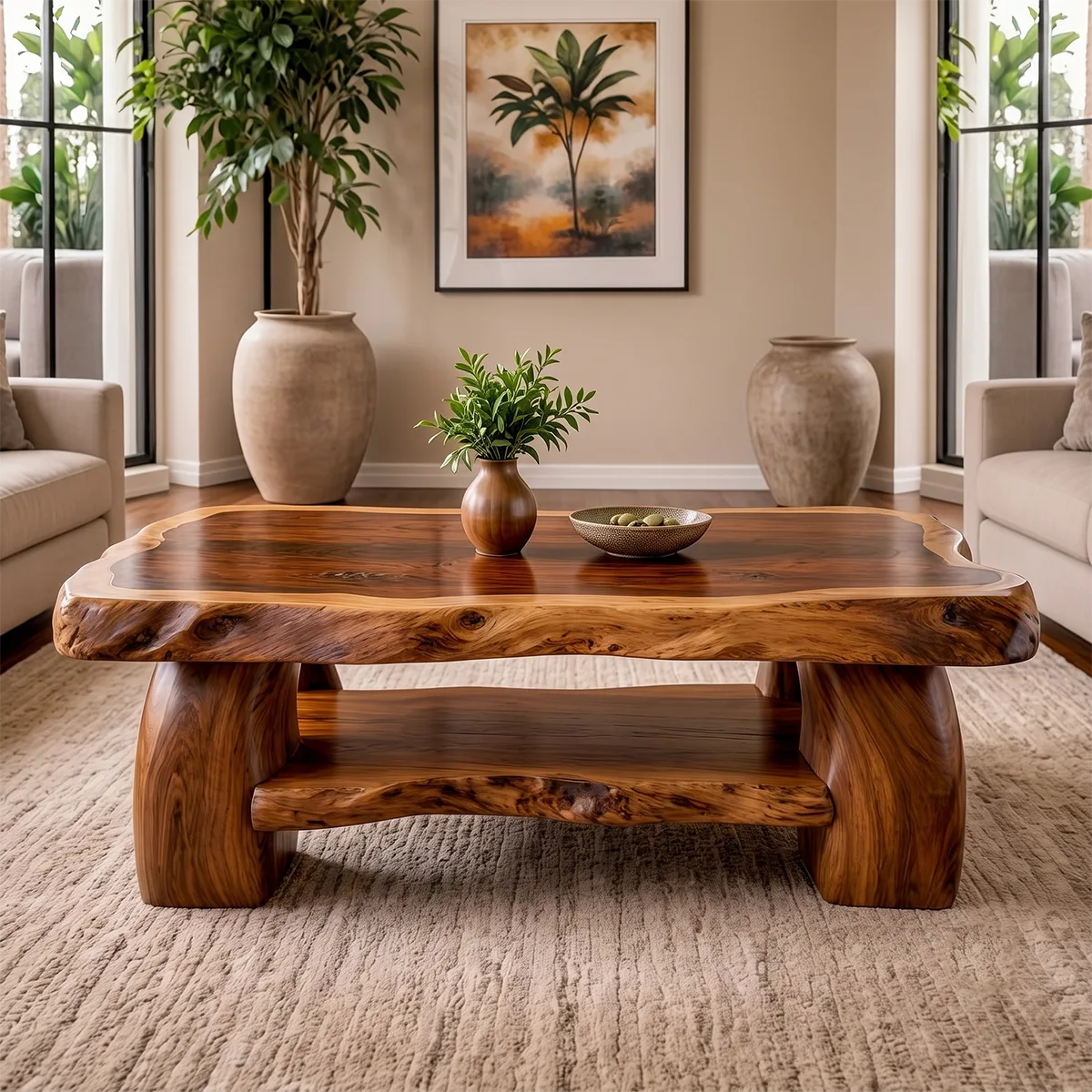 Live Edge Solid Wood Coffee Table with Storage Shelf | Rustic Modern Living Room Table TT006-3814