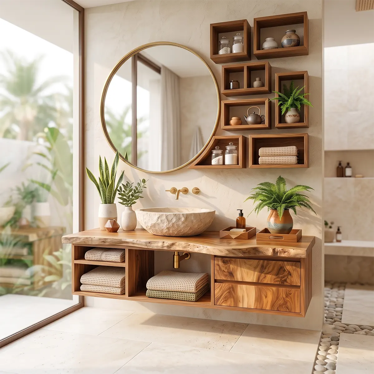 Floating Live Edge Bathroom Vanity with Storage Cubbies & Drawers | Solid Wood Wall Mounted Bathroom Vanity TT006-6OOZ2DD
