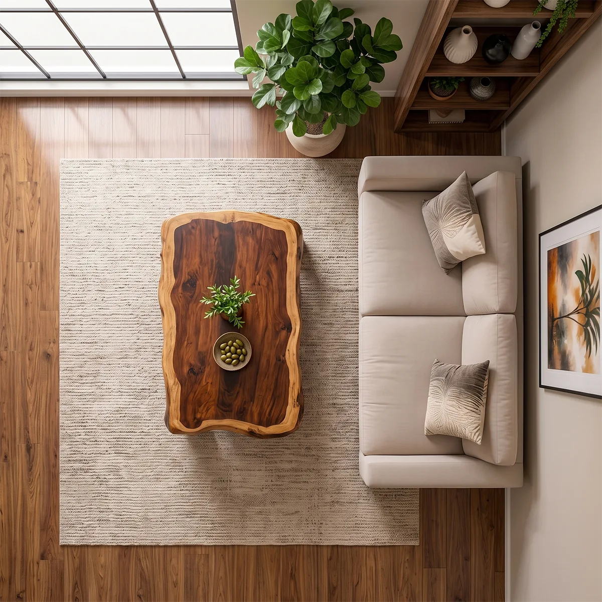Live Edge Solid Wood Coffee Table with Storage Shelf | Rustic Modern Living Room Table TT006-3814