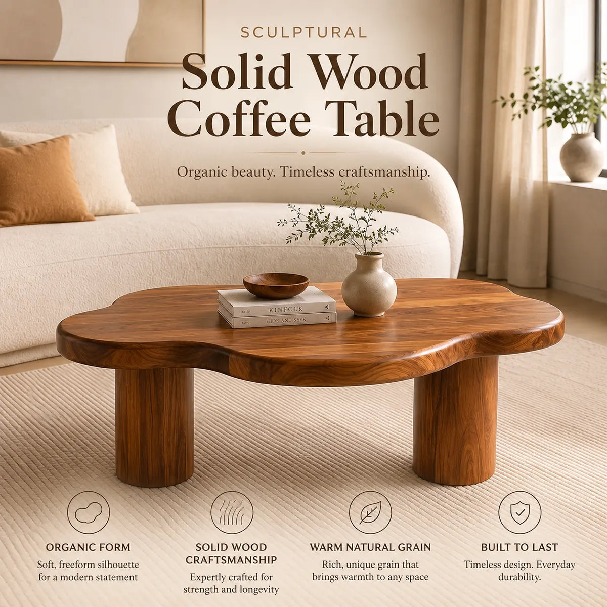 Organic Cloud Coffee Table | Solid Wood Modern Center Table for Living Room TT006-4713