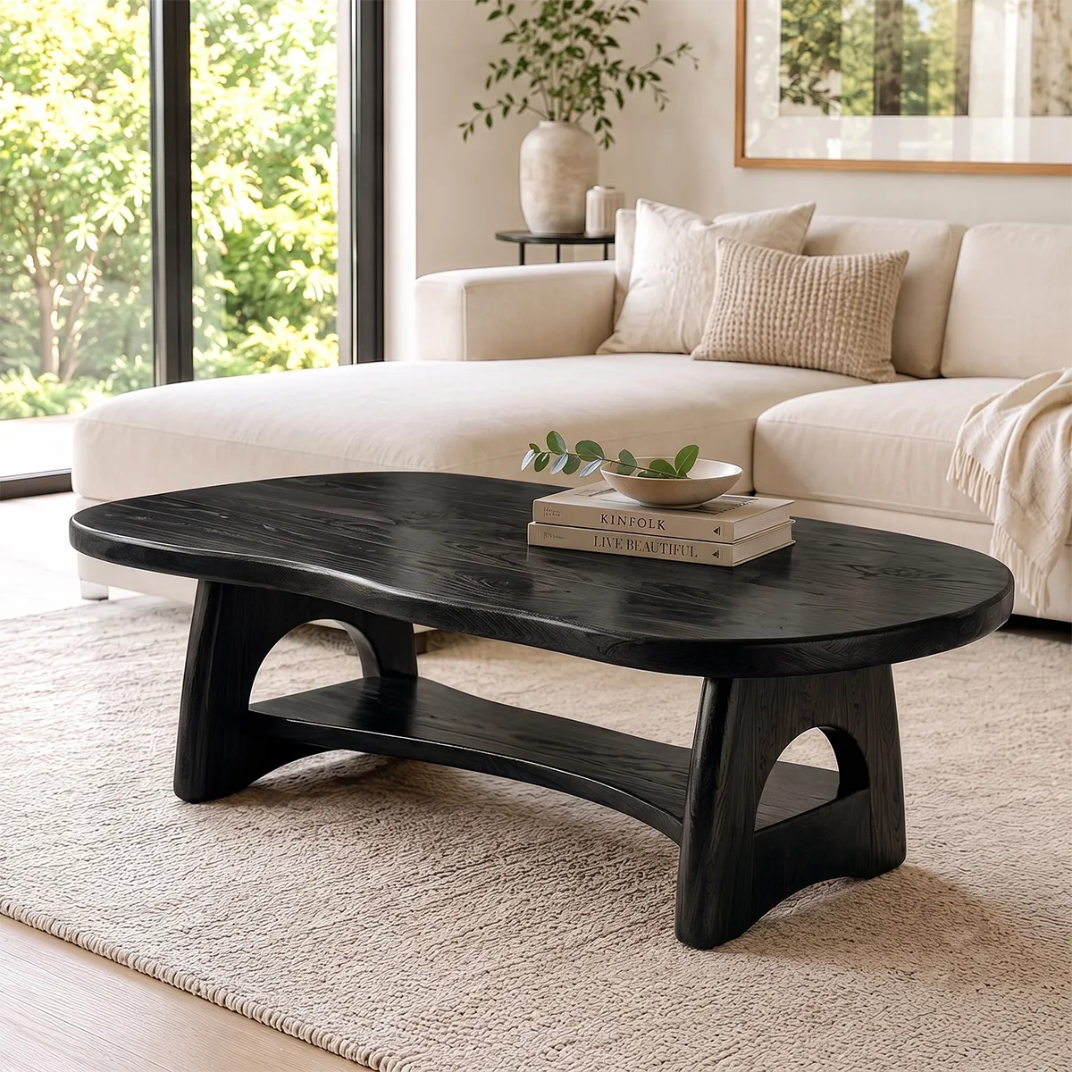 Organic Solid Wood Coffee Table with Storage Shelf | Modern Living Room Center Table TT006-4423