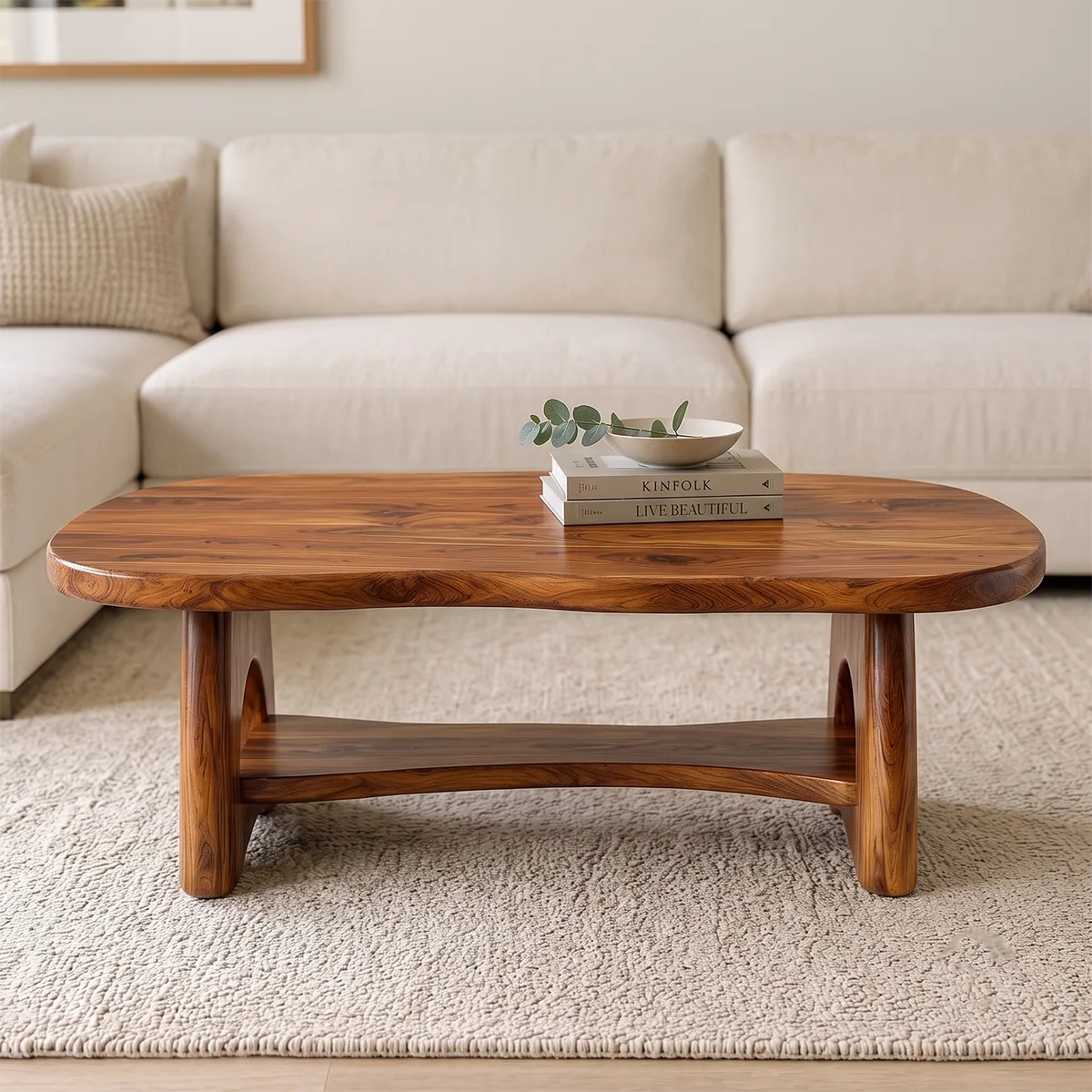 Organic Solid Wood Coffee Table with Storage Shelf | Modern Living Room Center Table TT006-4423