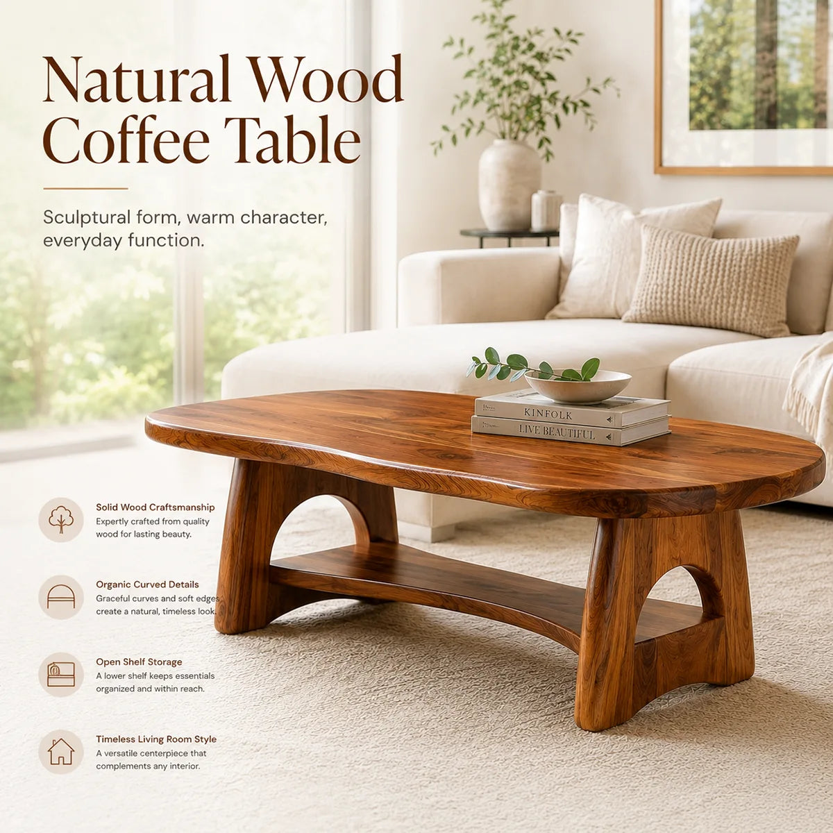 Organic Solid Wood Coffee Table with Storage Shelf | Modern Living Room Center Table TT006-4423