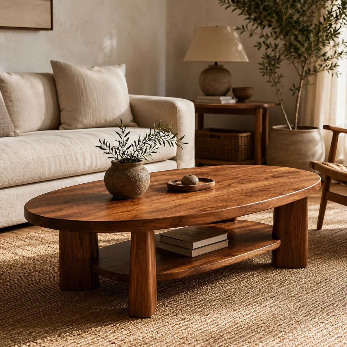 Oval Solid Wood Coffee Table with Storage Shelf | Modern Living Room Center Table TT006-2154