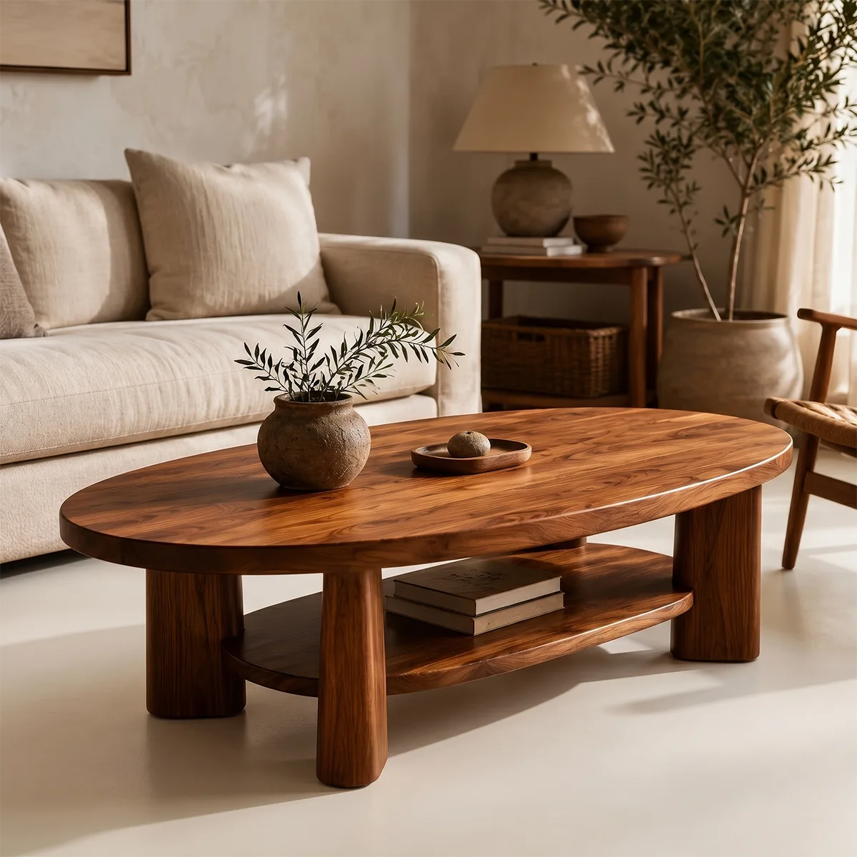 Oval Solid Wood Coffee Table with Storage Shelf | Modern Living Room Center Table TT006-2154